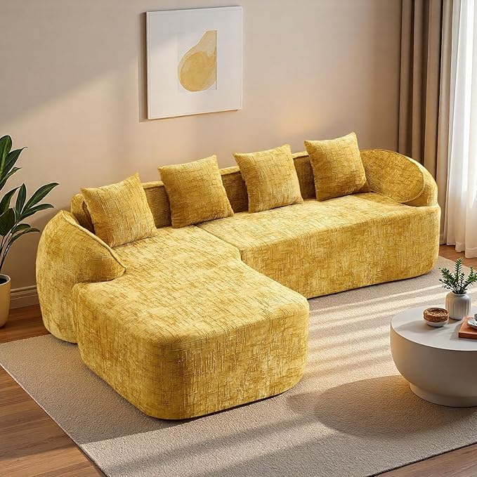 L Shaped Compression Sofa, Modular Couch with Curved Armrests & 4 Coordinating Pillows, Modern 101'' Chenille 4 Seater Sofa with Wide Seat for Living Room, Bedroom, No Assembly, Yellow