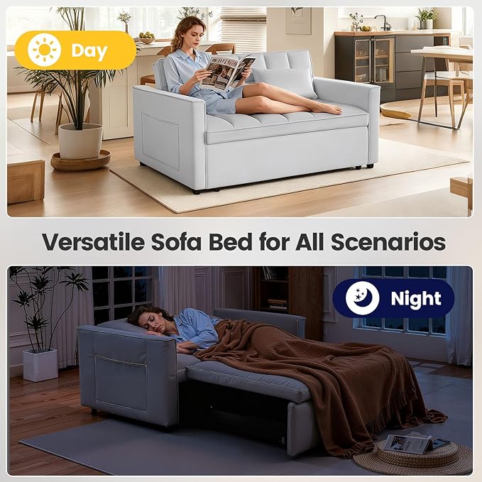 3 in 1 Sofa Bed, Love Seat Sleeper Bed with Side Pockets, Velvet Fabric Pull Out Couch with Adjustable Backrest for Living Room, Bedroom, Apartment,Gray