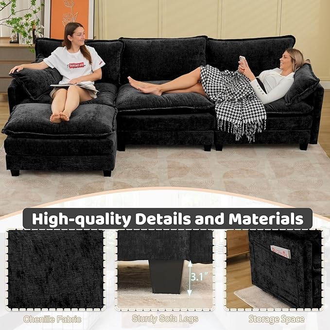 Modular Sectional Cloud Couch, 113" L Shaped Sectional Comfy Couchs for Living Room, 3 Seat Convertible Modular Sofa Couch with Ottomans for Living Room, Apartment, Black