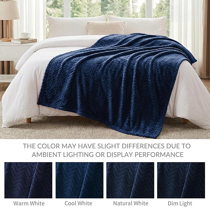 Exclusivo Mezcla Twin Blanket for Bed, Cozy Lightweight Fleece Blankets for All Season, Decorative Giftable Fuzzy Plush Wave Textured Suitable for Women, Men, Navy Blue, 90x66 Inches