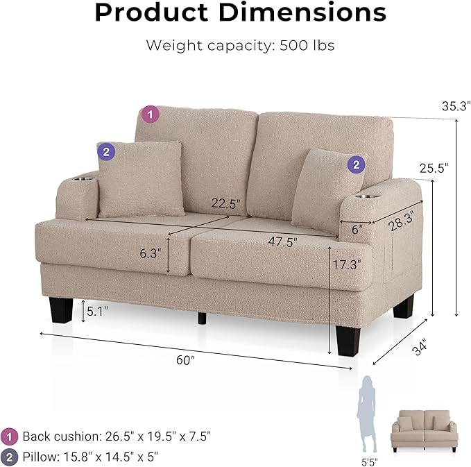 Homes: Inside + Out Reese Modern Plush Boucle Comfortable Loveseat with Side Pockets, Cup Holders and Pillows, Wooden Soft Couch for Living Room, Bedroom and Office, Beige