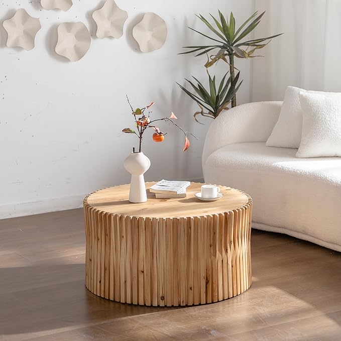 Round Wood Coffee Table, Drum Center Table with Fluted Pattern, 31.5 Inch Farmhouse Circle Coffee Table for Living Room, Office, Outdoor, Natural