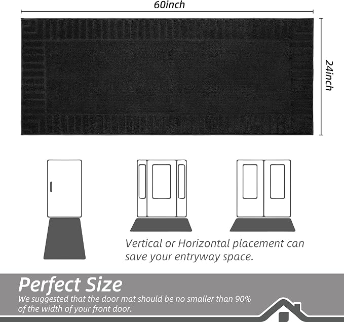 BEQHAUSE Door-Mat-Non-Slip Dirt Trapper Door Mats Low-Profile Front Door Mat Absorbent Floor Mats for Entryway Washable Mud Resistant Home Entrance Doormat, Black, 24"x60" - Image 2