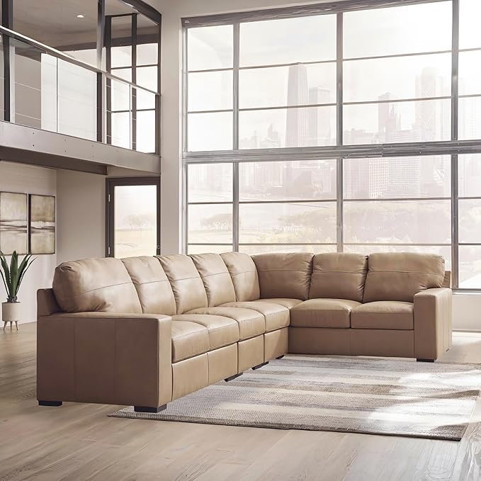 Signature Design by Ashley Bandon Modern Leather Match Right-Arm Facing 4-Piece Sectional with Removable Cushions and Armrest, Light Brown