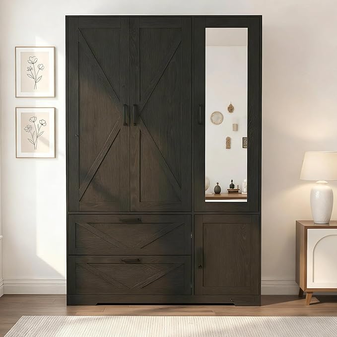 Black 3 Door Wardrobe Closet with Mirror, Bedroom Armoire Wardrobe Closet with Lights, 2 Drawers, Hanging Rod and Cabinet, Large Clothes Storage Organizer, 47.2 x 19.68 x 71.65 in