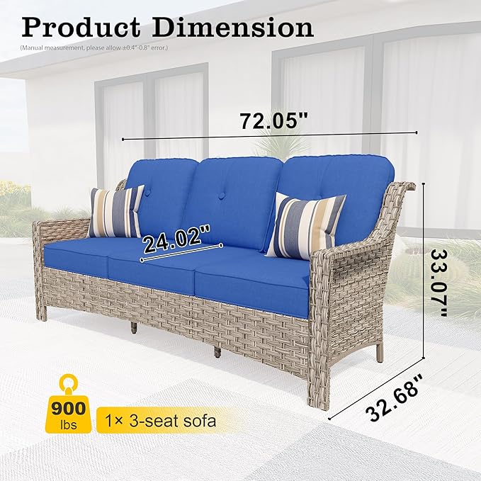 HOOOWOOO Patio Couch,Outdoor Wicker 3 Seater Sofa,All Weather Resistant High Back Rattan Deck Matching Furniture(Navy Blue)