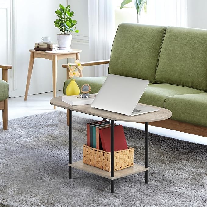 ETELI Round Coffee Table for Small Space Farmhouse Oval Coffee Table with 2-Tier Shelf Circle Center Tea Table for Living Room, Grey