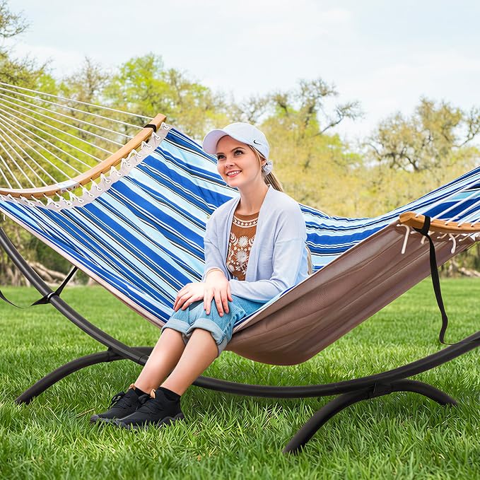 SUNCREAT Portable Outdoor Hammock with Stand, Double Hammock with Stand for Outside, Patent Pending, Blue & White - Image 2