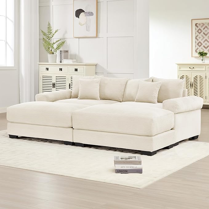 KEIKI 83" Oversized Corduroy Modular Sectional Loveseat Sofa with 2 Ottoman, High-Density Foam Cushion, Extra-Thick Armrest, Modern 2-Seater Fluffy Corner Couch with 6 Pillow, for Living Room, Beige