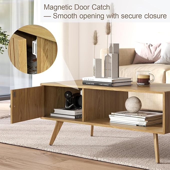 Manora Mid Century Modern Coffee Table with Storage Cabinet and Open Shelf, Wooden Living Room Table with Fluted Drawer and Solid Wood Legs, Oak Finish Center Table for Small Spaces