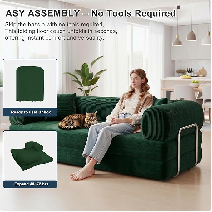 78 Inch Folding Convertible Sofa Bed, 4-in-1 Oversized Cloud Corduroy Upholstered Boneless Couch, Loveseat Sleeper with Pull Out Bed, Modular Futon Floor Sofa Couch for Living Room Bedroom Lounge