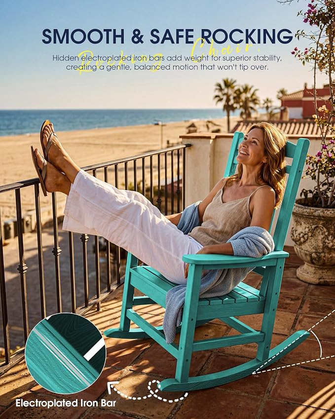 KINGYES Oversized HDPE Rocking Chairs Outdoor, Patio Rocking Chairs with 330lbs Support, Smooth Porch Rocker for Deck Lawn Yard, Aruba Blue - Image 9