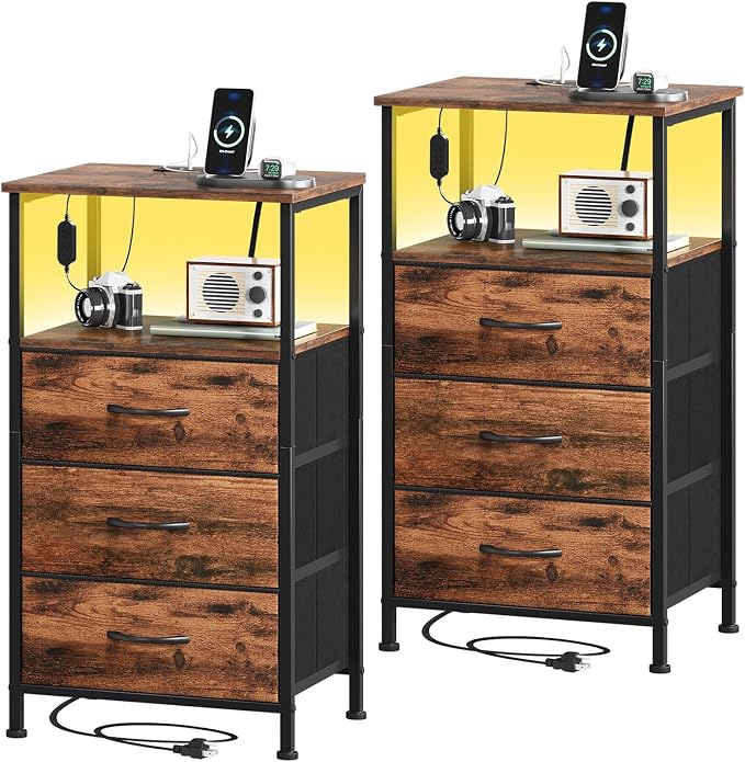Somdot Nightstands Set of 2,Bedside Tables with Charging Station and LED Lights,Night Stand with 3 Drawers, End Tables with Open Shelf for Small Spaces Bedroom Entryway Hallway, Wood Grain Print by Somdot