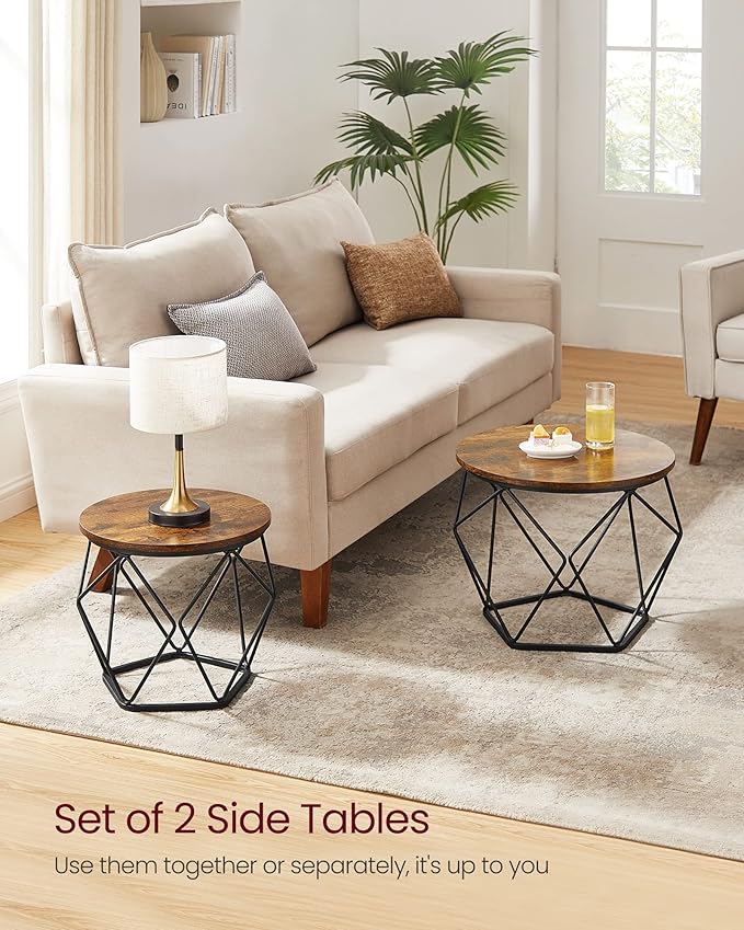 VASAGLE Small Coffee Table Set of 2, Round Coffee Table with Steel Frame, Side End Table for Living Room, Bedroom, Office, Rustic Brown and Ink Black | Living Room, Bedroom, Office