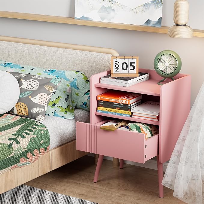 Aenuert Night Stand Modern End Table with Storage Drawer and Open Shelf, Small Bedside Stand, Wooden Sofa Side Table for Bedroom,Study Room and Small Spaces (Pink) - Image 5