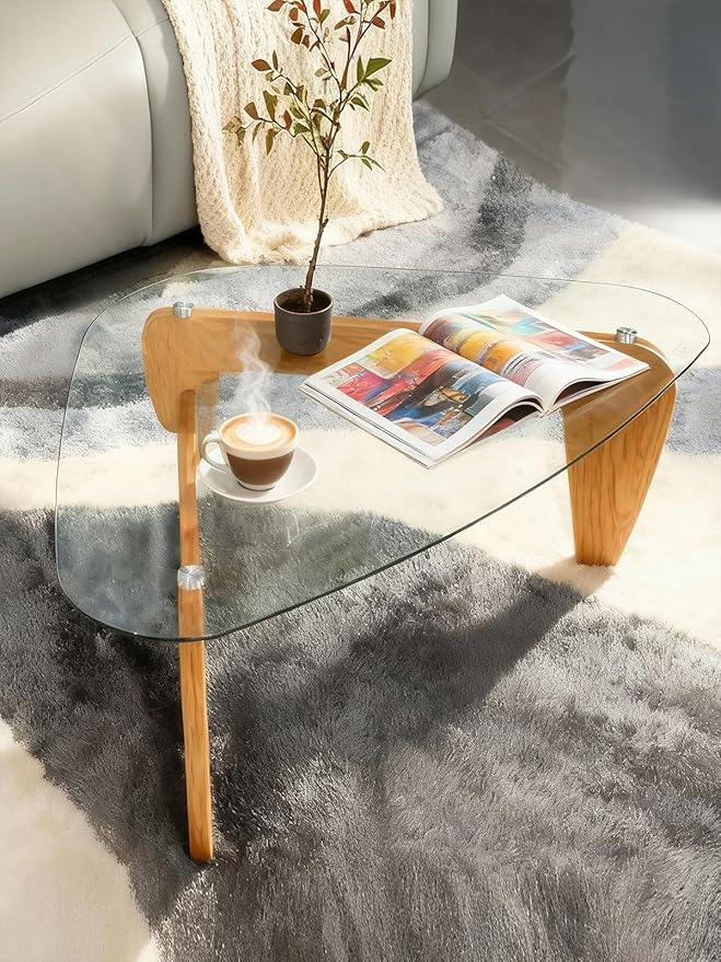 Morden Coffee Table,Glass Coffee Table with Natural Wood Legs,42.5" x 28.5" x 16" Triangle Tempered Glass Top for Living Room, Walnut