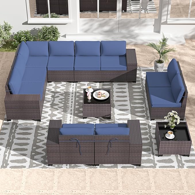 Gotland 12 Pieces Patio Furniture Set, Wicker Outdoor Sectional with Wide Armrests 29.5'' High Backrest 4'' Thick Waterproof Cushions, Oversized Patio Furniture for Deck Garden Navy