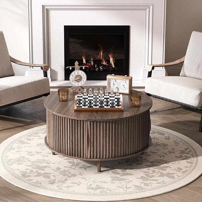 SULIVES Round Coffee Table with Storage,Mid Century Modern Coffee Table with Sliding Door,Fluted Center Table with Solid Wood Legs,Small Coffee Table for Living Room,Walnut