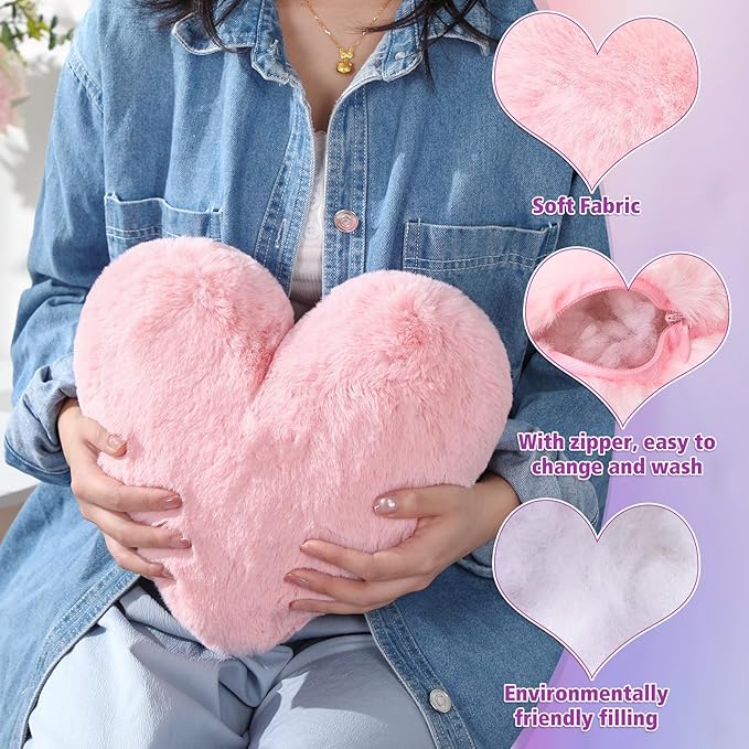 Marsui 2 Pcs Heart Throw Pillows, Soft Fluffy Faux Fur Decorative Hearts Shaped Pillows for Living Room Sofa Bed, Cute Heart Themed Gift for Women(Pink, Purple,11.81 x 11.02 Inch)