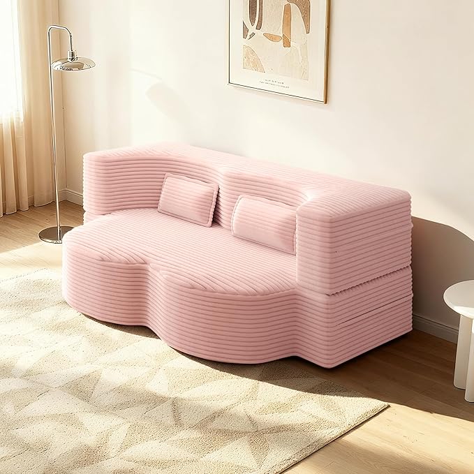 78" Convertible Sofa Bed, 2-in-1 Folding Floor Couch with 2 Pillows, Sleeper Sofa for Living Room and Bedroom, No Assembly Required (Pink, Corduroy Fabric)