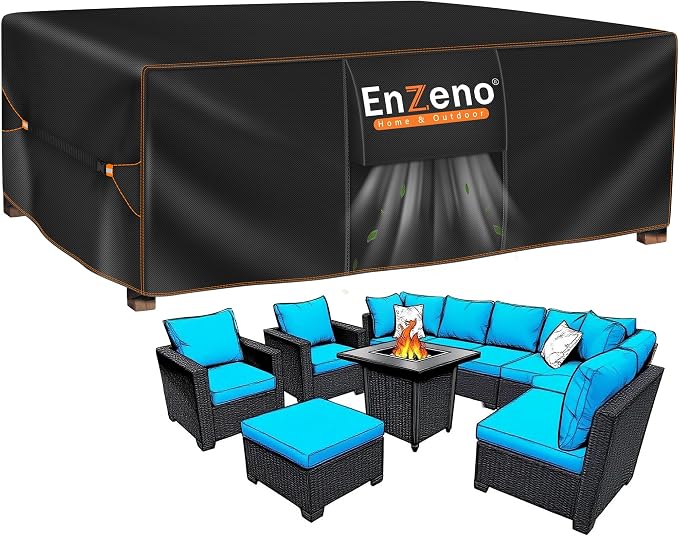 Enzeno Patio Furniture Set Cover, Outdoor Sectional Sofa Couch Set Covers Waterproof, Garden Dining Table Chair Set Cover Outside Rectangular Heavy Duty Weatherproof 90" L x 90" W x 35" H Black by Enzeno