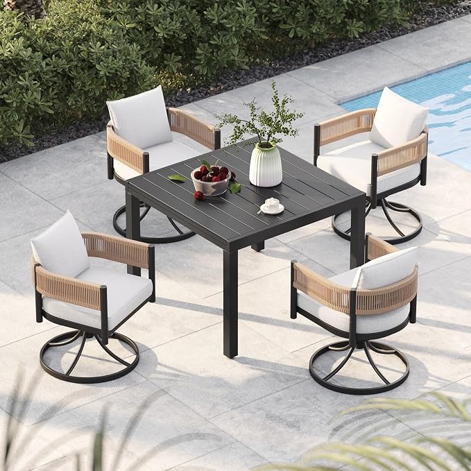 Grand patio 5-Piece Outdoor Dining Set for 4 with 1 Rectangle Expandable Table for 4-6 Person, Metal Woven Wicker Swivel Patio Chairs with Thickened Cushions for Yard, Poolside (Natural) by GrandPatio