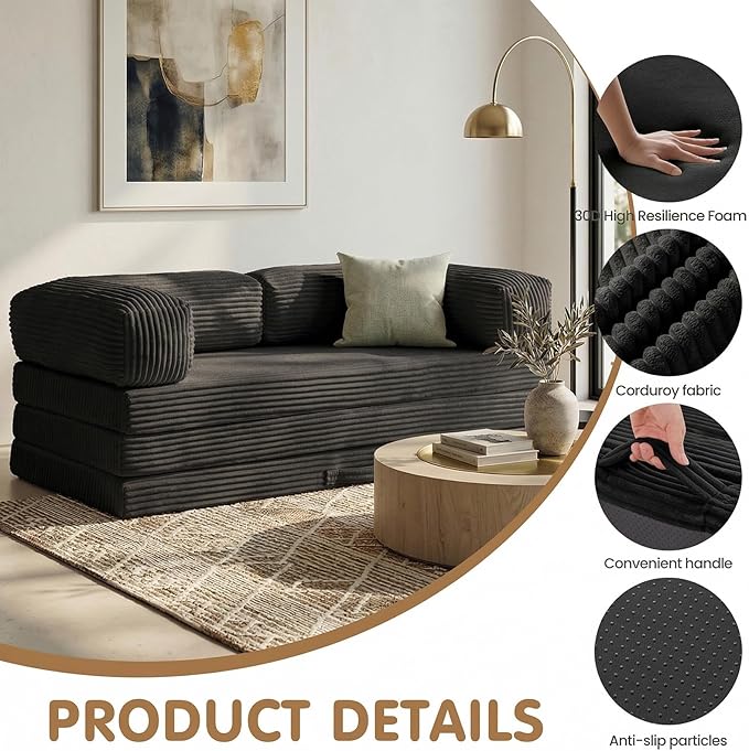 Folding Sofa Bed, Convertible Sleeper Chair with Pilow Foldable Matress, 2 in 1 Pull Out Loveseat Sofa Portable Fold Out Chair Bed Floor Couch Lounge for Living Room (Black, King-82 Lx76 W)