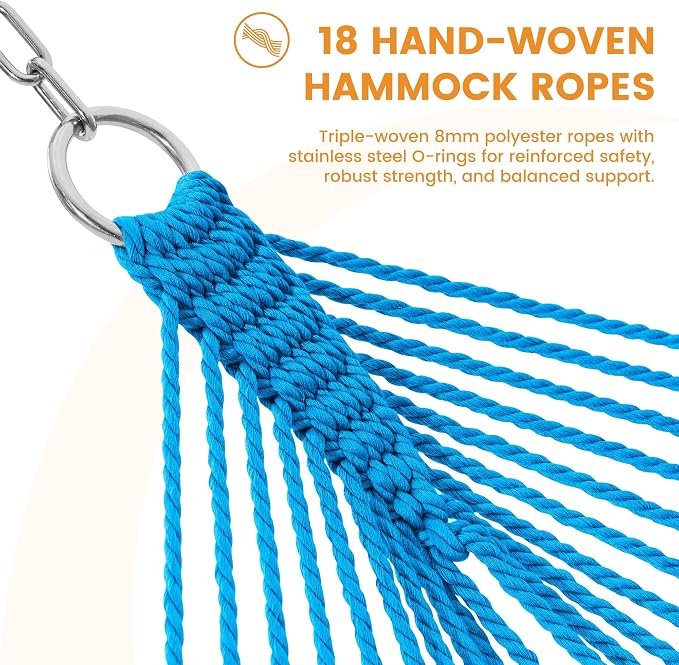 Lazy Daze Hammocks 10.5 FT Double 2 Person Caribbean Rope Hammock, Hand Woven Polyester Hammock with Spreader Bars, for Outside Outdoor Backyard Patio Poolside, 450 LBS Capacity, Blue/SkyBlue - Image 4