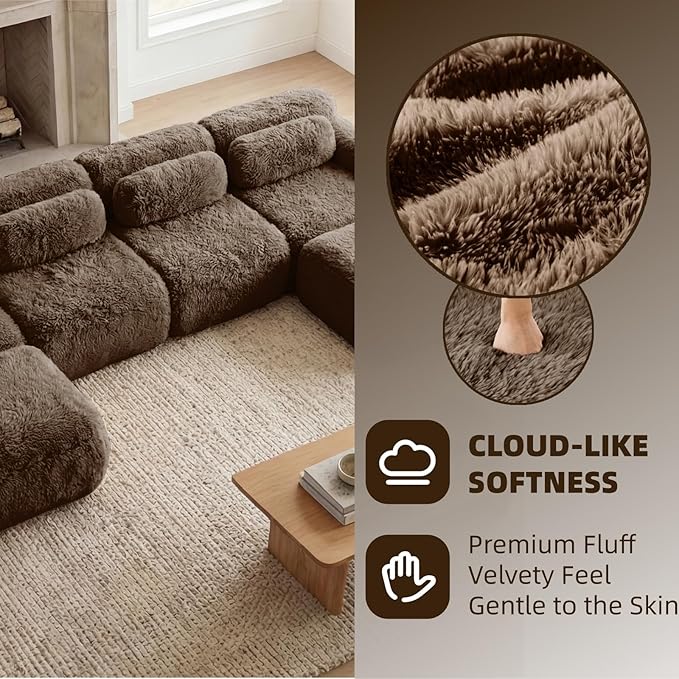 149" Modular Sectional Sofa, Modern Sectional Couch, U-Shape Boneless Couch for Living Room Apartments Bedroom, 32D High Density Sponge Lounge Sofa, No Assembly Required, Chocolate