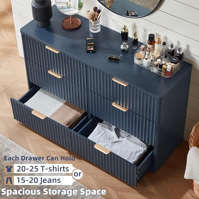 LEYAOYAO Fluted 6 Drawers Dresser for Bedroom, 48" Wide Farmhouse Chest of Drawers with Metal Handle,Curved Profile Modern Closet Organizer Wood Dressers TV Stand for Living Room, Hallway, Blue - Image 5
