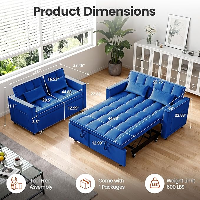 3 in 1 Sofa Bed, Love Seat Sleeper Bed with Side Pockets, Velvet Fabric Pull Out Couch with Adjustable Backrest for Living Room, Bedroom, Apartment, Blue