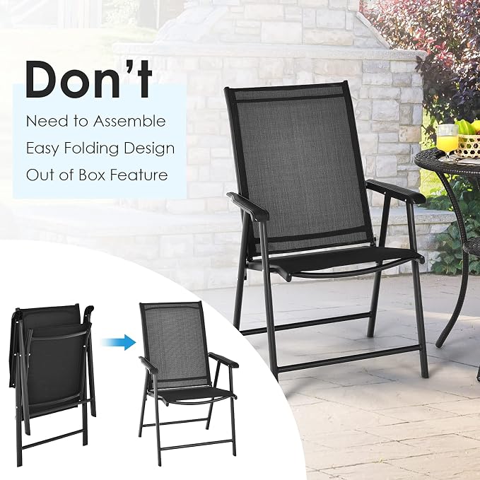 Giantex Set of 4 Patio Folding Chairs, Outdoor Chairs with Armrest, Portable Dining Chairs for Porch Camping Pool Beach Deck Lawn Garden, 4-Pack Patio Chairs, Metal Frame, Black - Image 4
