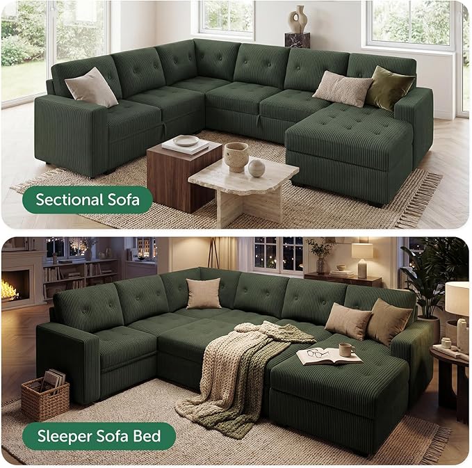 HONBAY Sectional Sleeper Sofa Bed with Storage Chaise, Sleeper Sectional Pull-Out Sofa, Sectional Sleeper Couch for Living Room, Velvet Green