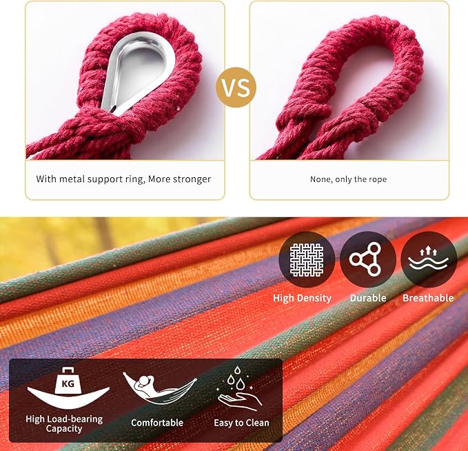 Rainbow Hammock Cotton Hammocks Comfortable Fabric Hammock with Tree Straps for Travel Patio Garden, Hanging Sturdy Hammocks Up to 660lbs Indoor/Outdoor Portable Hamacas with Travel Bag（Rainbow） - Image 6