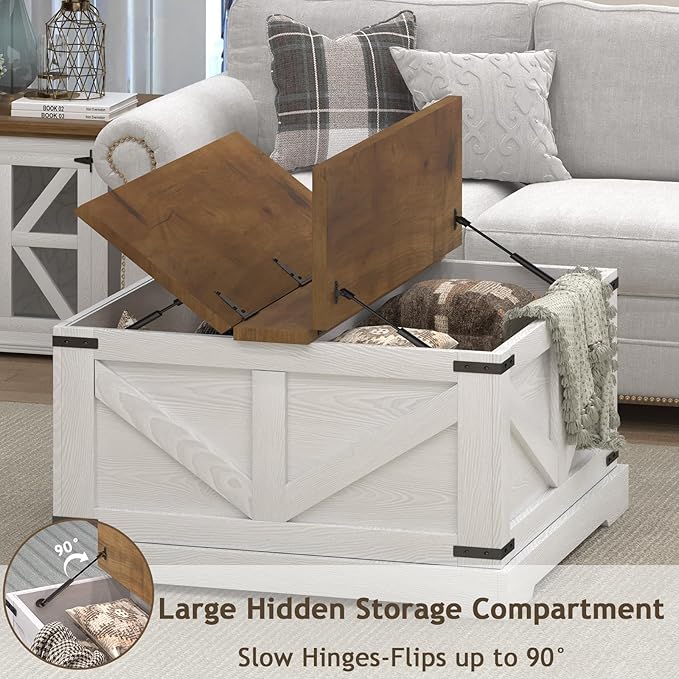 Farmhouse Coffee Table with Hidden Storage Compartment, White Square Coffee Table for Living Room, Wood Center Table with Hinged Lifting Tabletop for Home