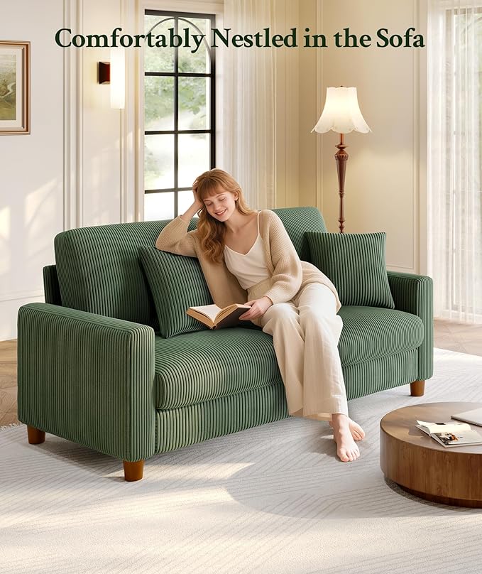 70.2" Couches for Living Room, Comfy L Shaped Couch Green 7.1" Thicker Cushion, Sofas for Living Room Tool-Free Setup, Loveseat with Ottoman 705lbs Support, Corduroy Couch for Bedroom, Office