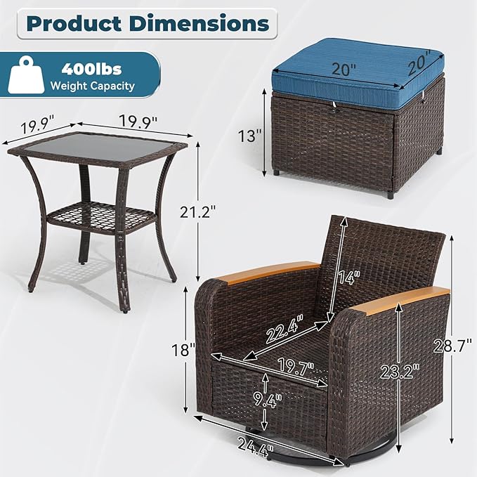 5 Piece Outdoor Patio Furniture Set, Wicker Swivel Rocking Chairs with Ottoman for Garden, Porch, Backyard