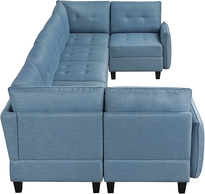 Lexicon U Shape Sectional Couch with Hidden Storage, Textured Fabric Modular Sectional Sofa with Button-Tufted Design, Reversible Back Cushion, 7 Seater Large Sofa, Blue