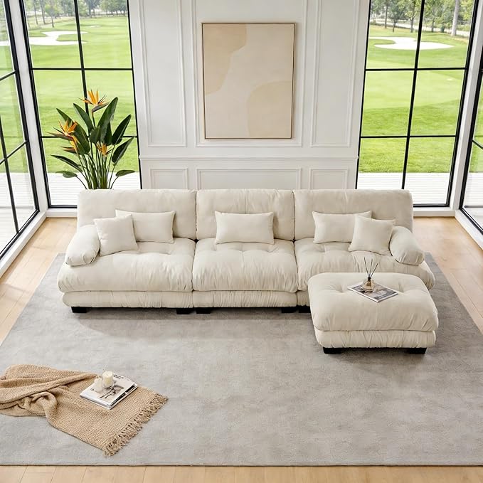 133.8" L-Shaped Cloud Couch, Oversized Modular Sectional Sofa, Deep Seat Cloud Boneless Couch, 3-Seat Modular Sectional Sofa with Ottoman or Living Room,Bedroom and Apartment, Light Coffee
