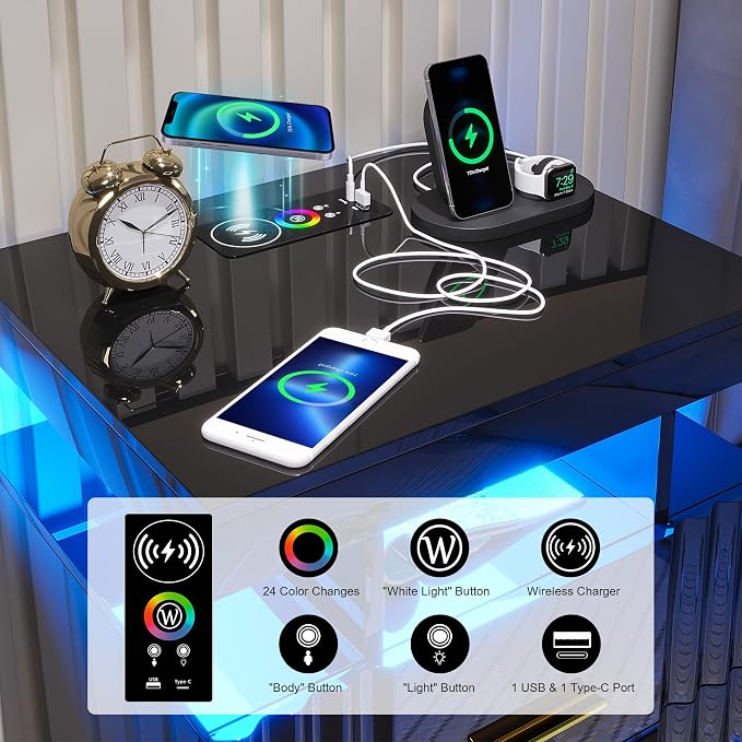 Nightstand with Wireless Charging Station, Bedroom Bedside Table with RGB Lights, Smart Night Stand with 2 Drawers, Bedside Tables Modern Bedside Table for Bedroom, Living Room(Black) - Image 3