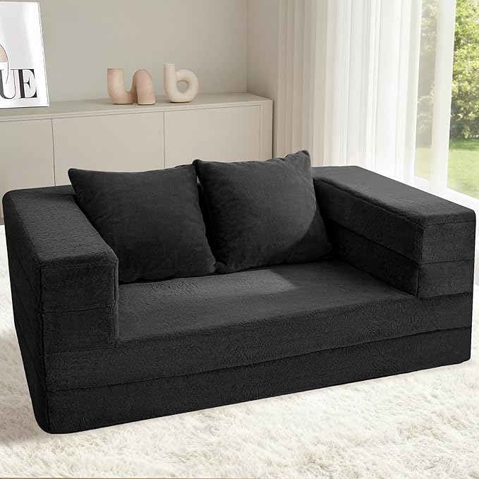 Futon Sofa Bed with Pillow, 3-in-1 Sleeper Sofa Bed with Removable Cover, Convertible Floor Sofa Bed, No Assembly Boneless Couch for Living Room, Bedroom