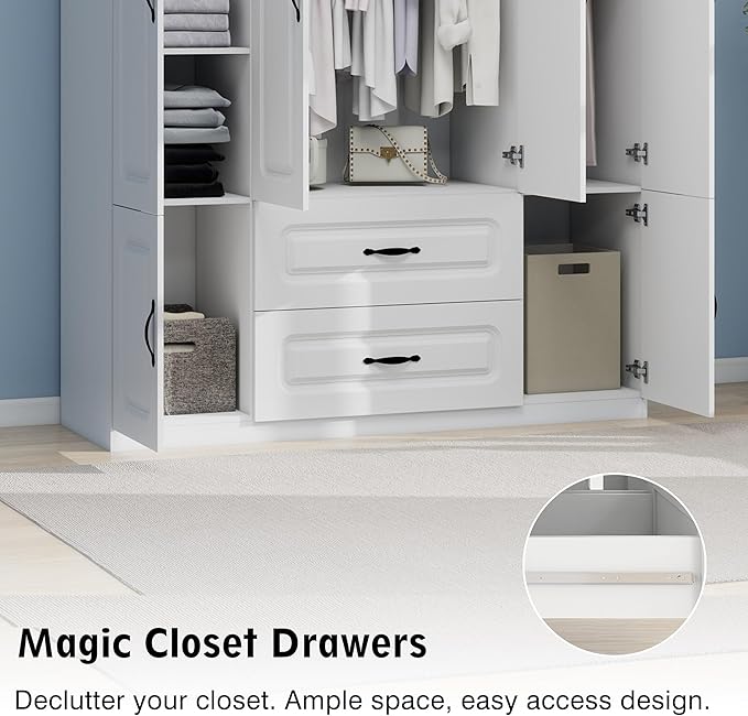 Wooden Armoire Wardrobe Closet：Modern Armoire Wardrobe Closet with 4 Doors, 2 Drawers and Hanging Rods for Tall Cabinet, Large Capacity Clothes Storage Cabinet for Bedroom Home, White