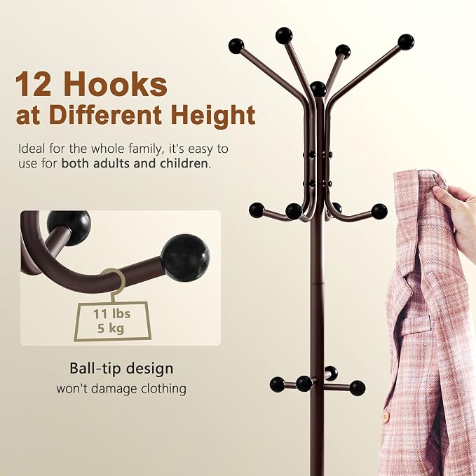 Hoctieon Coat Rack Freestanding, Coat Tree with Umbrella Holder, Metal Coat Rack Stand with 12 Hooks, Standing Coat Hanger Stand, Umbrella Stand for Entryway, Hat Rack Stand for Home Office, Brown - Image 5