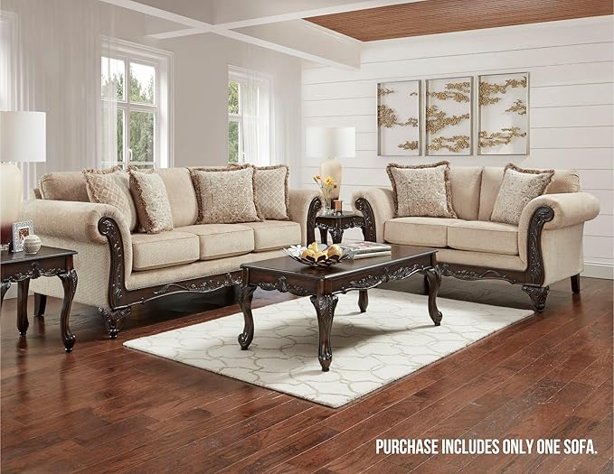 Hernen Carved Wood Frame Sofa, Beige Wheat