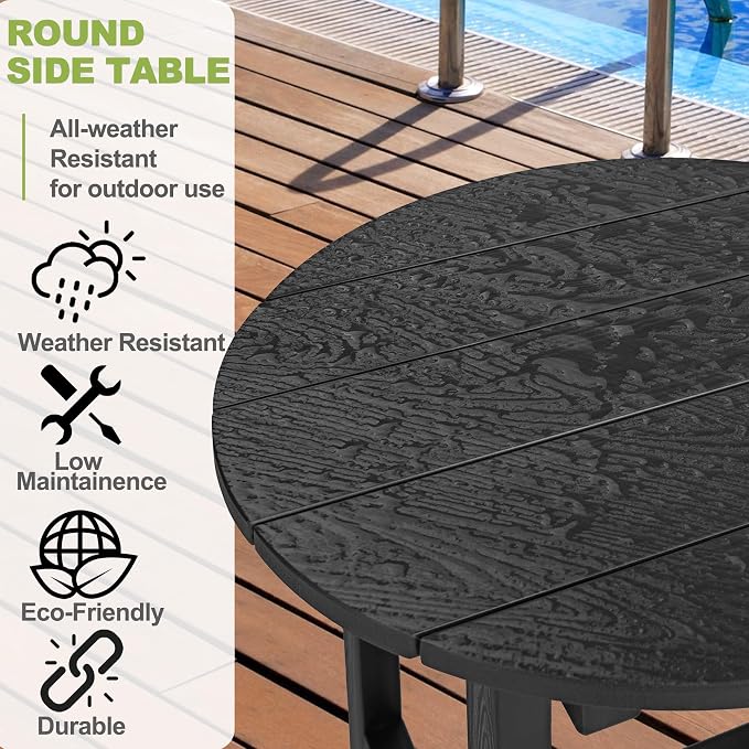 Y&M Outdoor Side Table, Waterproof Four-Legged Round Entryway End Table, Single-Tier HDPE Modern Small Coffee Nightstand for Bedroom, Living Room, Patio, Indoor or Outdoor Use, Black - Image 3