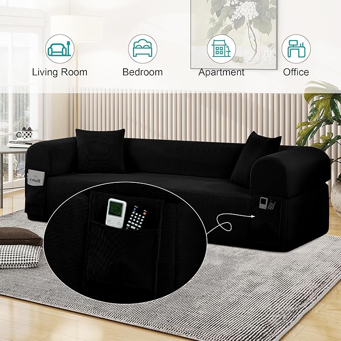 83'' Boneless Couch 3-Seater Floor Sofa No Assembly Needed Corduroy Small Couch for Living Room, Cloud Sofa with 2 Pillows & Storage Bag Couches in A Box for Office, Black