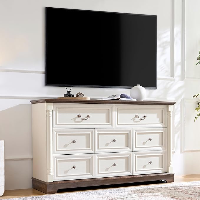 OKYCI 3PC Farmhouse Dresser and Nightstand Sets for Bedroom, Including 8 Drawer Dresser & 2 Drawer Night Stand Set of 2 with USB,Antique White
