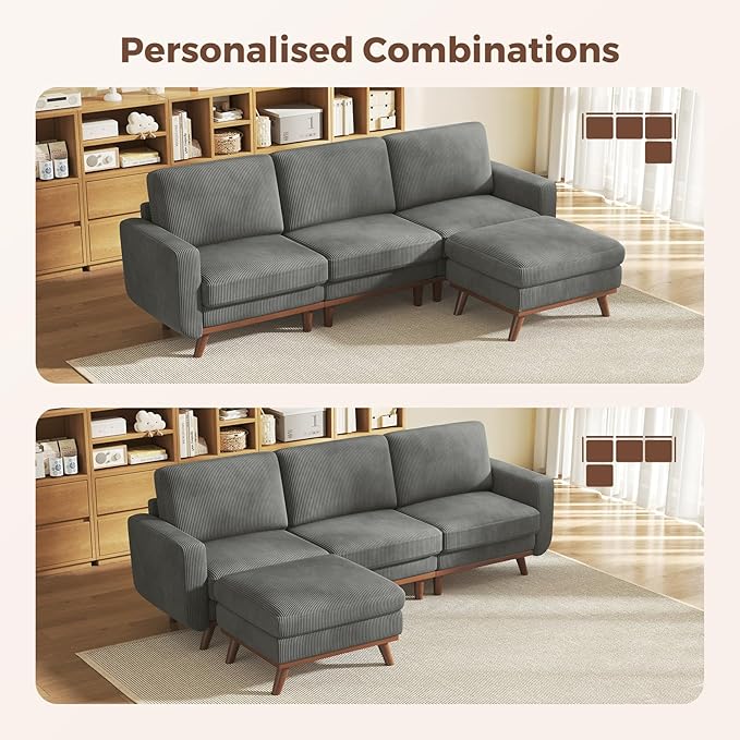 97" Dark Gray Corduroy Modular Sectional Sofa, L-Shaped Couch with Movable Ottoman & Spring Cushion, Deep Seat Modular Sofa for Living Room Bedroom Apartment