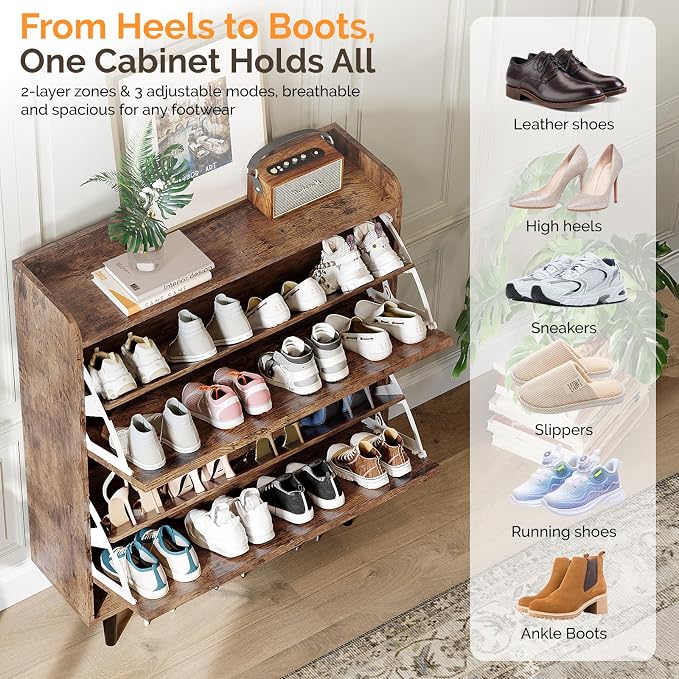 VINGLI Shoe Storage Cabinet for Entryway with 2 Flip Drawers, Ultra Slim Freestanding Entryway Shoe Organizer with Wood Tapered Legs,Hidden Closed Shoe Rack,31.6" W * 9.4" D * 39.4" H, Rustic Brown - Image 7