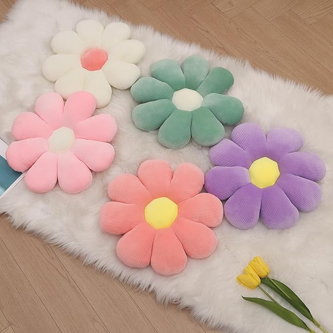 2 Pcs Sage Green Throw Pillow Decorative Flower Pillows for Room Decor, 15" Cute Aesthetic Flower Daisy Shaped Throw Pillows for Bedroom Bed Couch Chair Classroom (White+Green, 15.35 Inch)